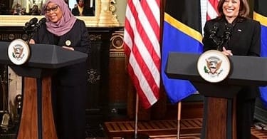 President Samia Suluhu Hassan and US Vice President Kamala Harris during a briefing at the White House i